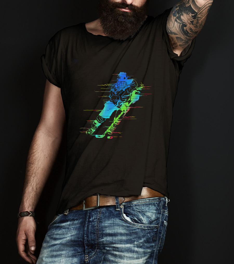 Ice Hockey Player Funny Athletes Glitch Effect Neon Athlete T-Shirt