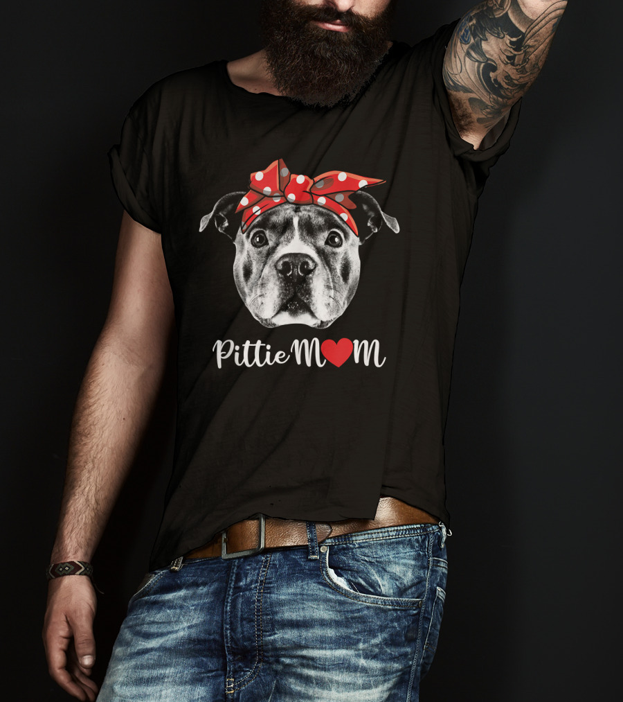 Pittie Mom Heart Pitbull Dog Red Polka Dot Bow T-Shirt