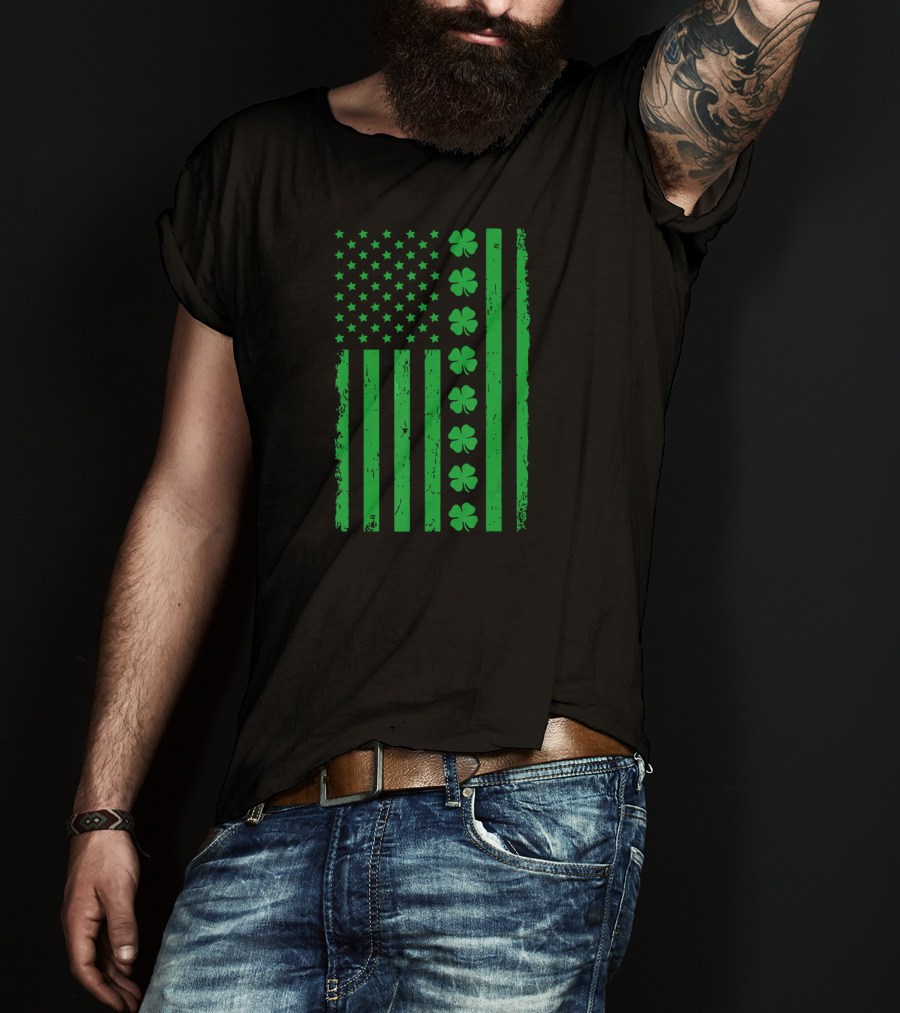 St Patrick Day Green Shamrock Irish American Flag T-Shirt