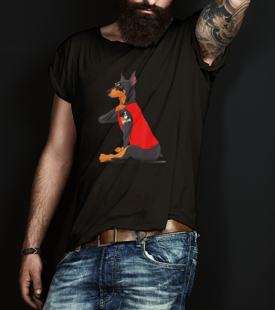 Doberman With Red Shirt And I Love Mom Tattoo T-Shirt