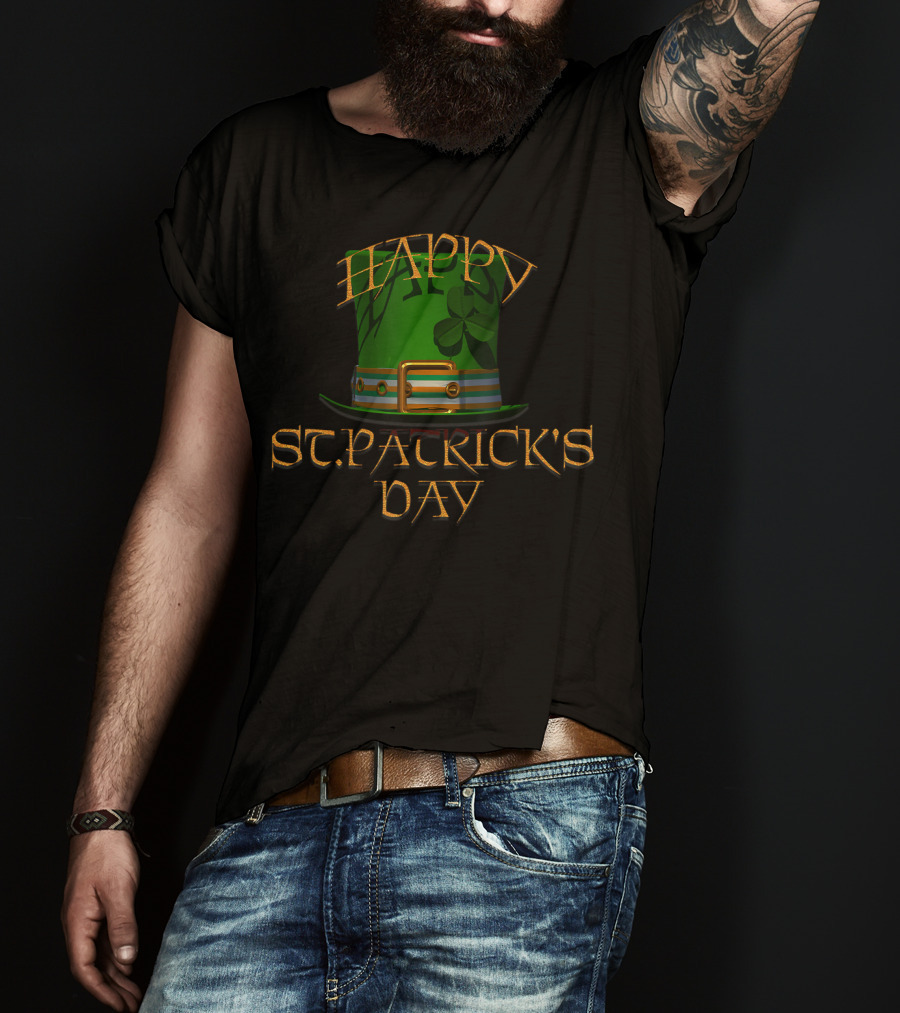 Happy St Patrick's Day Green Top Hat With Shamrock T-Shirt