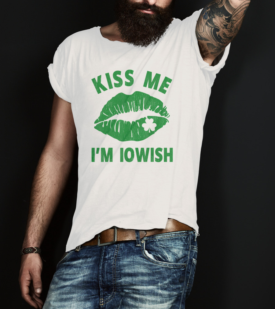 Kiss Me I'm Iowish St Patrick's Day Green Lips With Clover T-Shirt