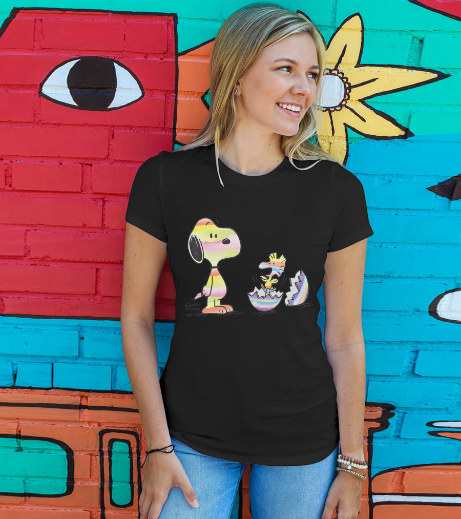Peanuts Snoopy Woodstock Colorful Easter Egg Stripes T-Shirt