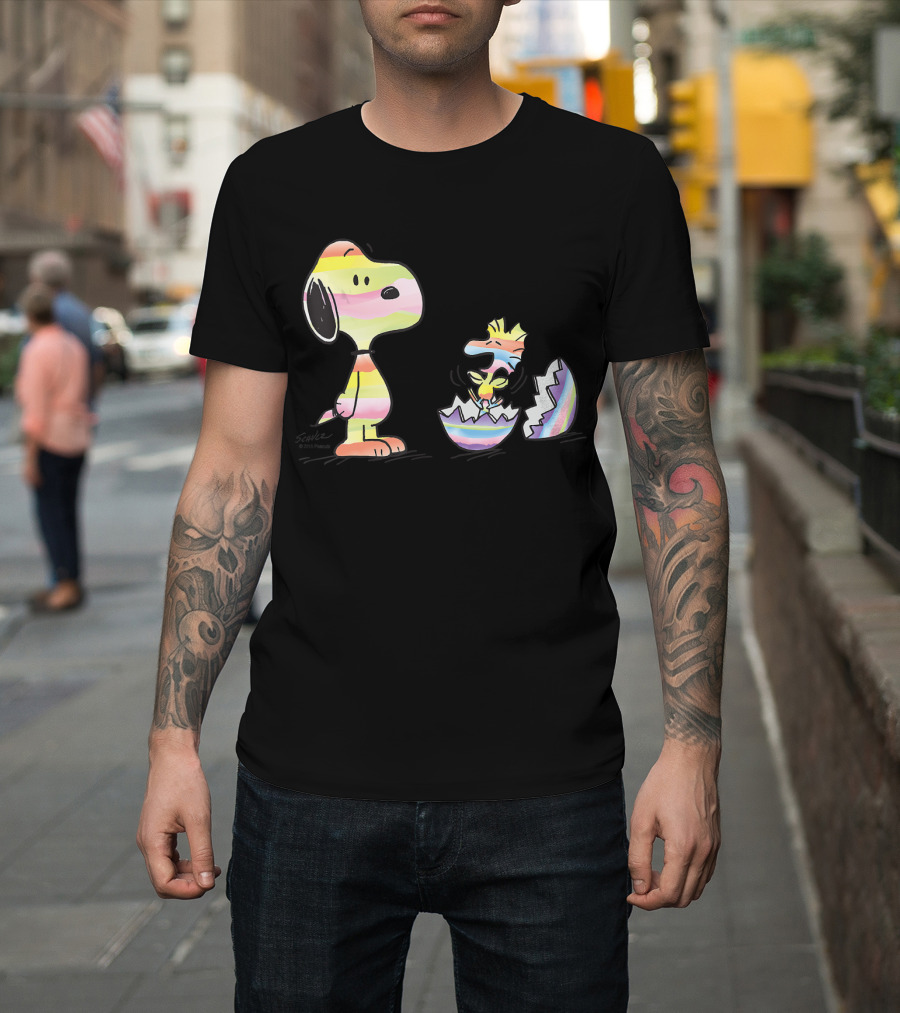 Peanuts Snoopy Woodstock Colorful Easter Egg Stripes T-Shirt