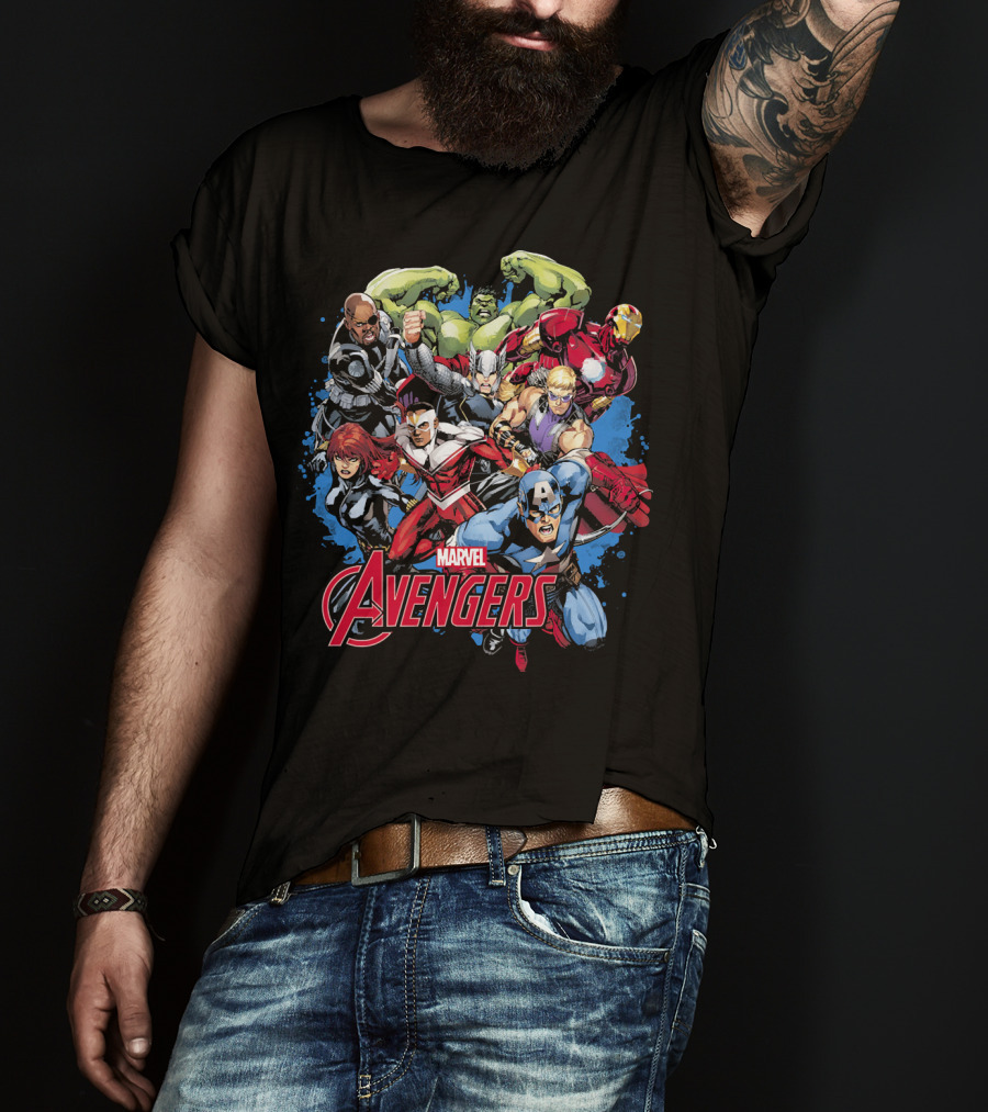 Marvel Avengers Captain Thor Hulk Iron Man Black Widow Comic Assemblage T-Shirt