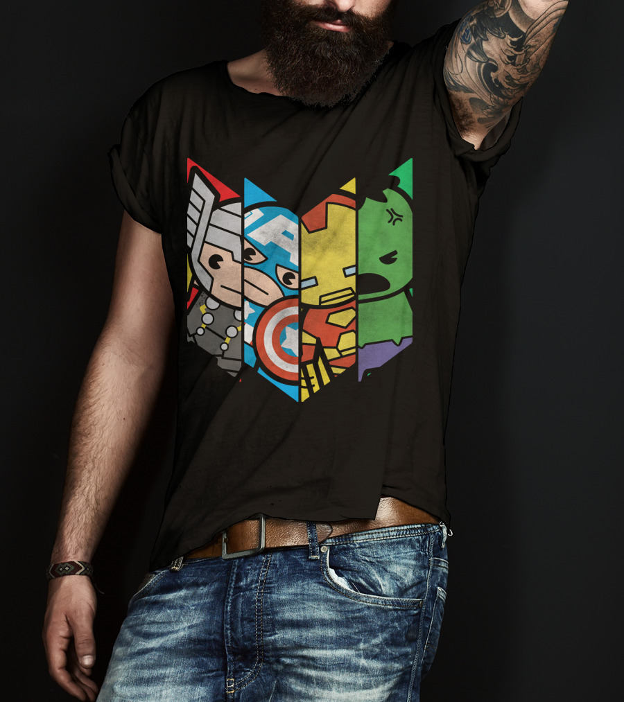 Marvel Avengers Cartoon Thor Captain America Iron Man Hulk Shield T-Shirt