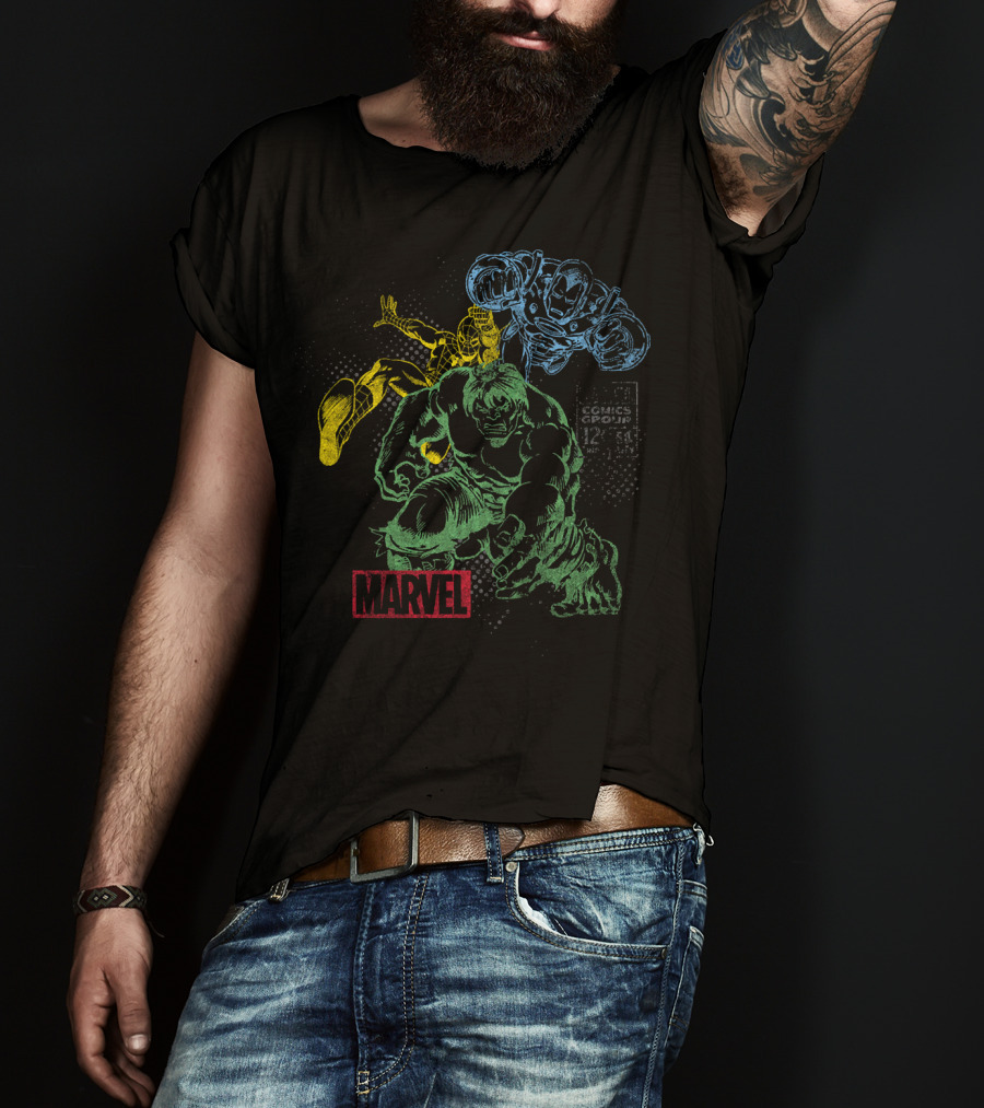 Marvel Hulk Iron Man Spider-Man Vintage Comic Group T-Shirt