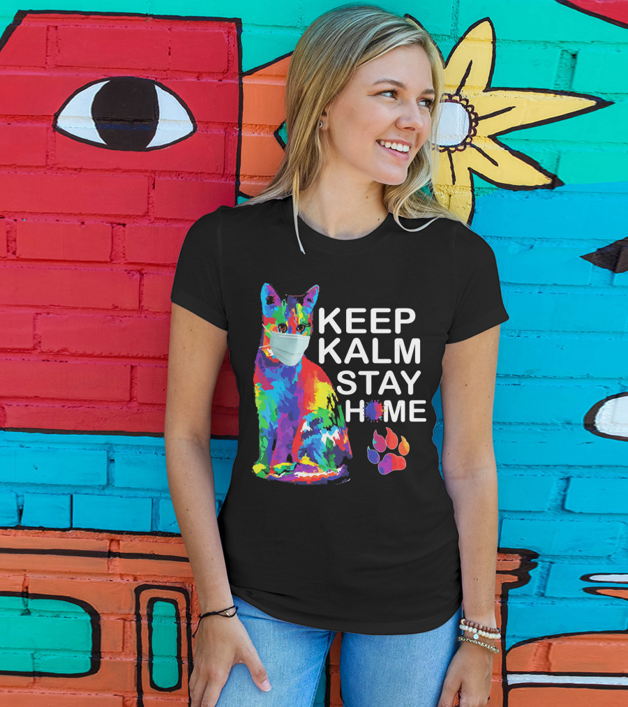 Colorful Masked Cat Keep Kalm Stay Home Ladies T-Shirt