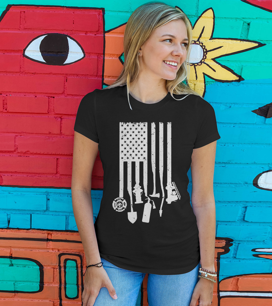 American Flag With Firefighter Tools And Veteran Badge Elements T-Shirt