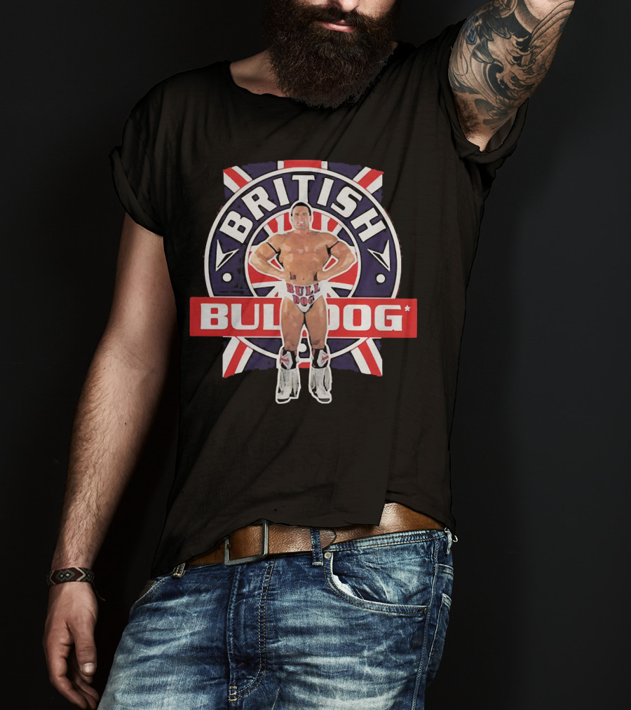 British Bulldog Wrestler With Union Jack Background T-Shirt