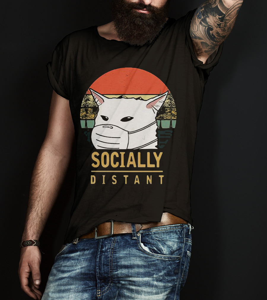 Socially Distant Cat White Masked Sunset T-Shirt