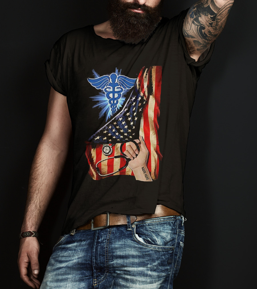 Nurse America Flag Caduceus Tattoo Stethoscope T-Shirt