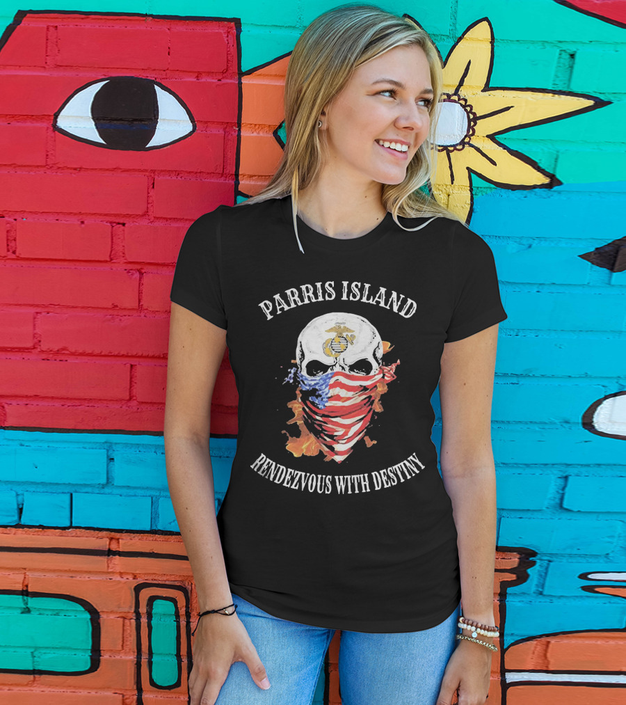 Parris Island Skull Mask Rendezvous With Destiny American Flag Flames T-Shirt