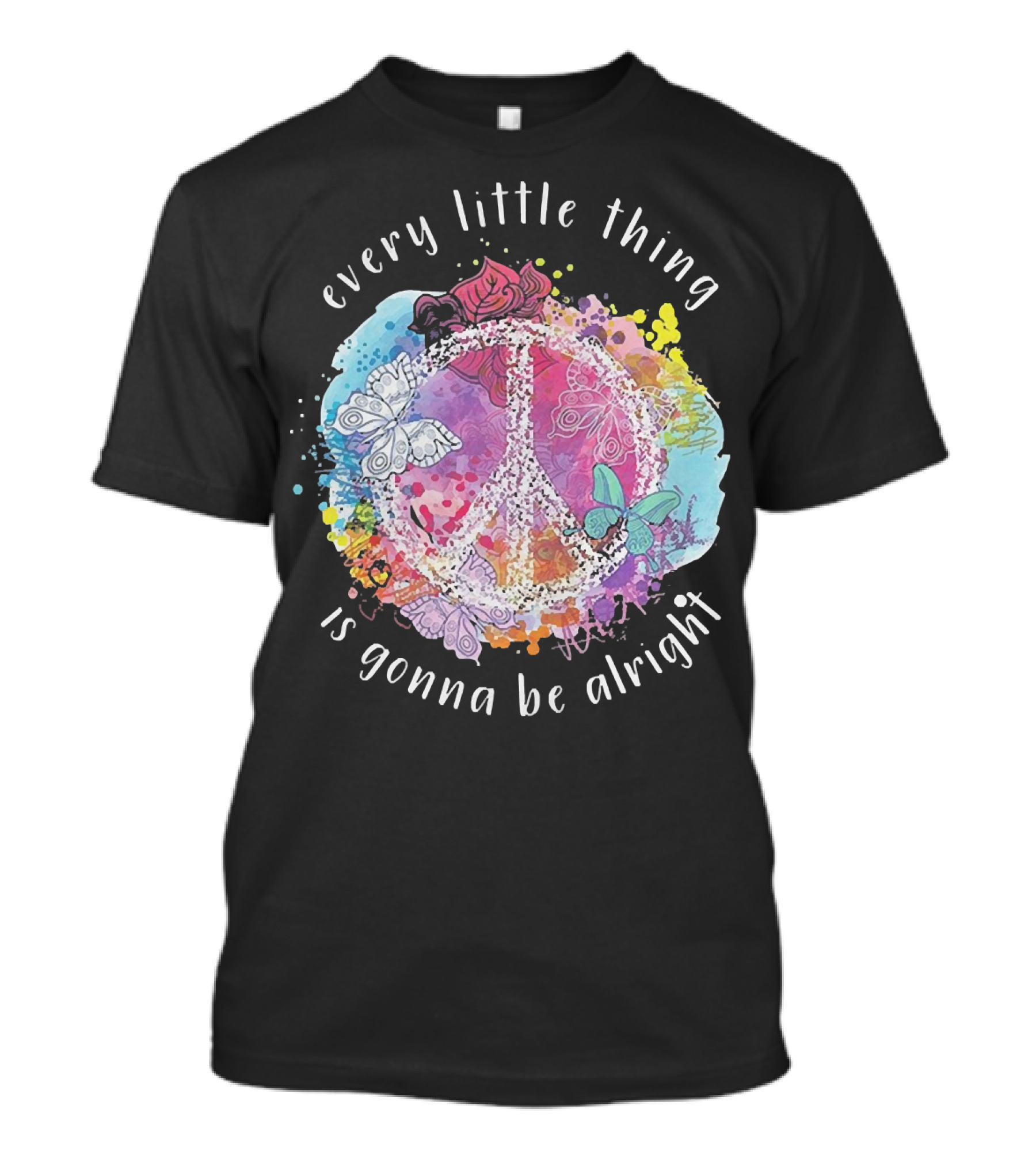 Every Little Thing Is Gonna Be Alright Peace Symbol With Colorful Butterflies And Floral Accents T-Shirt
