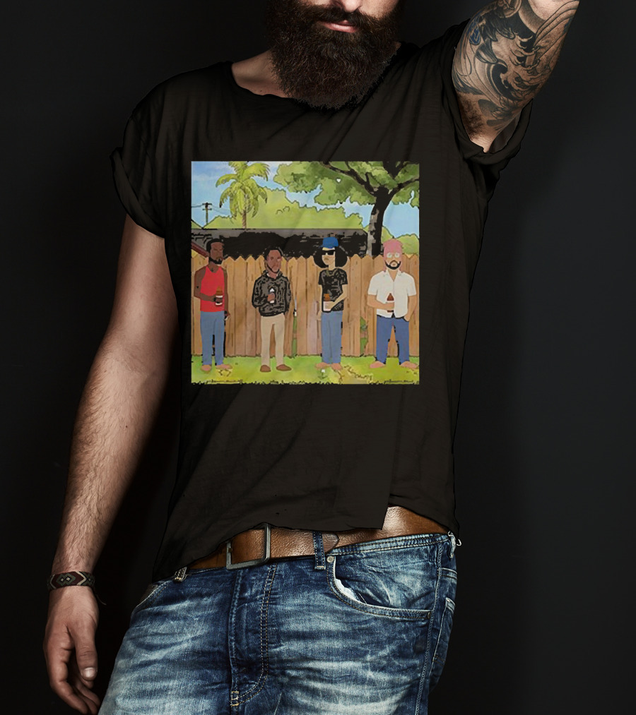 King Of The Hill Treatment With Four Men By Fence With Beverages And Trees T-Shirt