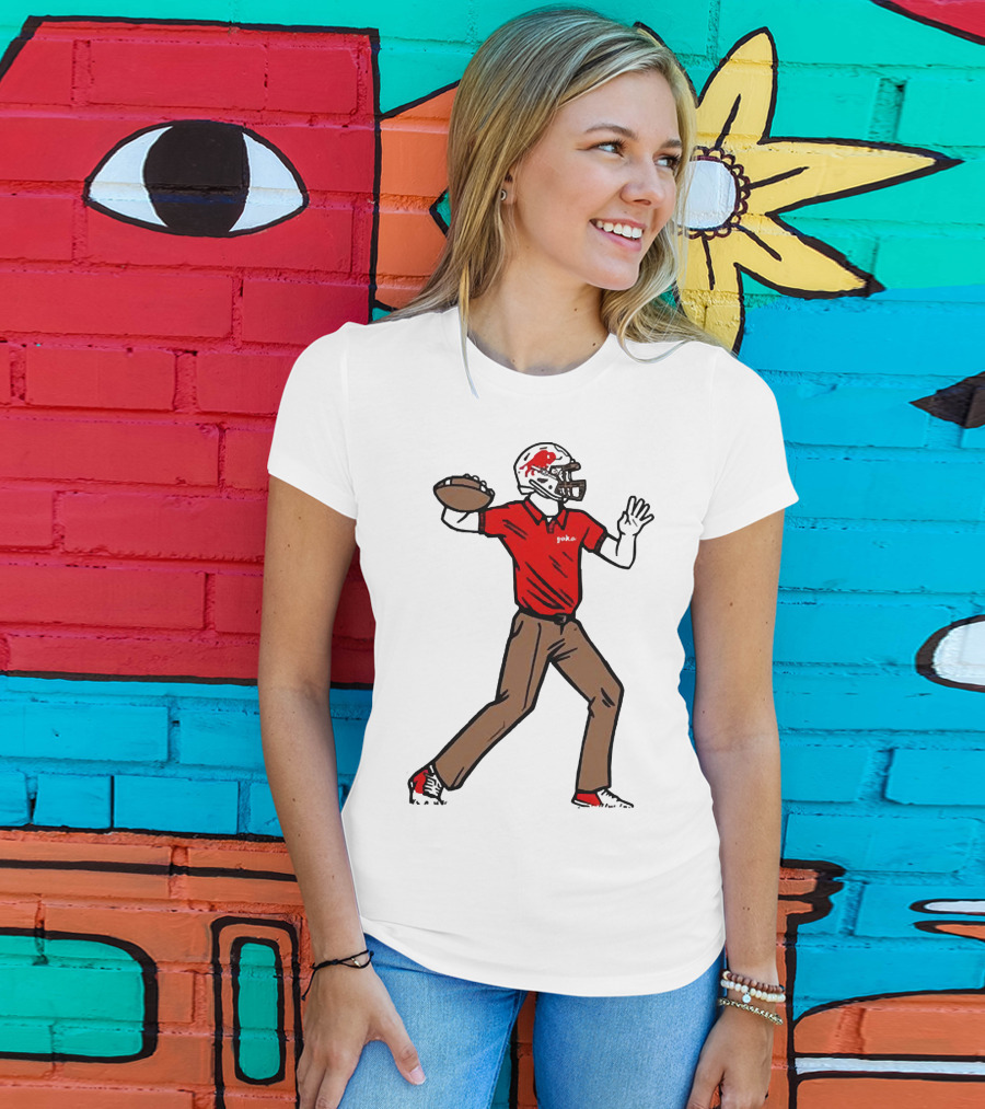 Jake From Buffalo Football Player Throwing Pass Brown Pants Red Shirt Helmet T-Shirt