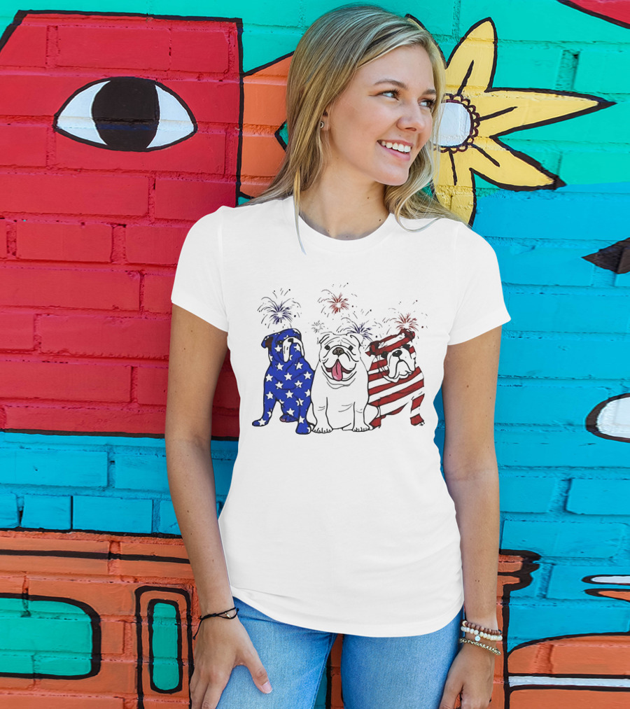 American Bulldog Stars And Stripes With Fireworks Merica T-Shirt