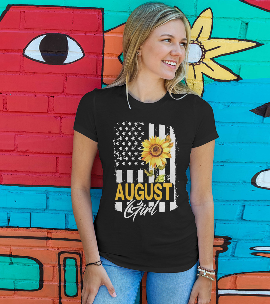 August Girl Sunflower American Flag Stripes Stars T-Shirt