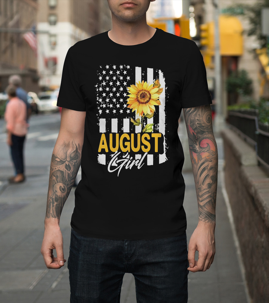 August Girl Sunflower American Flag Stripes Stars T-Shirt