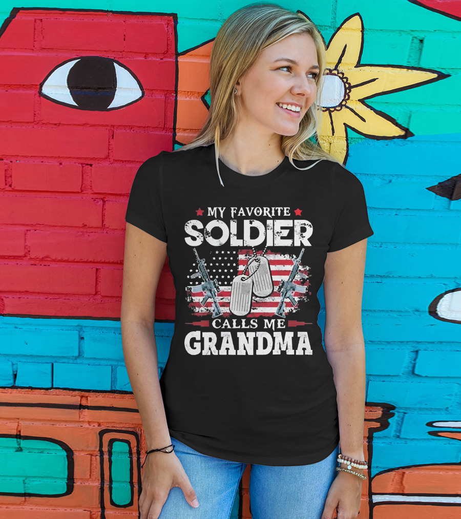 My Favorite Soldier Calls Me Grandma USA Flag Dog Tags Rifle T-Shirt