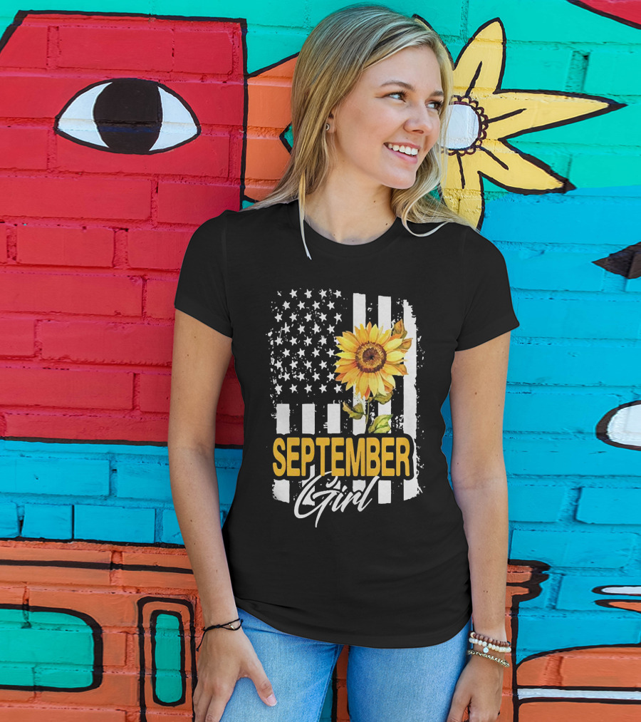 September Girl Sunflowers With American Flag T-Shirt