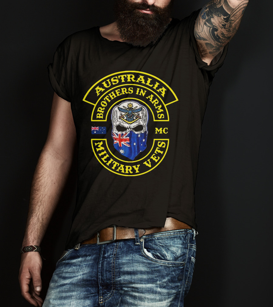 Australia Brothers In Arms Military Vets MC Australian Flag Skull T-Shirt