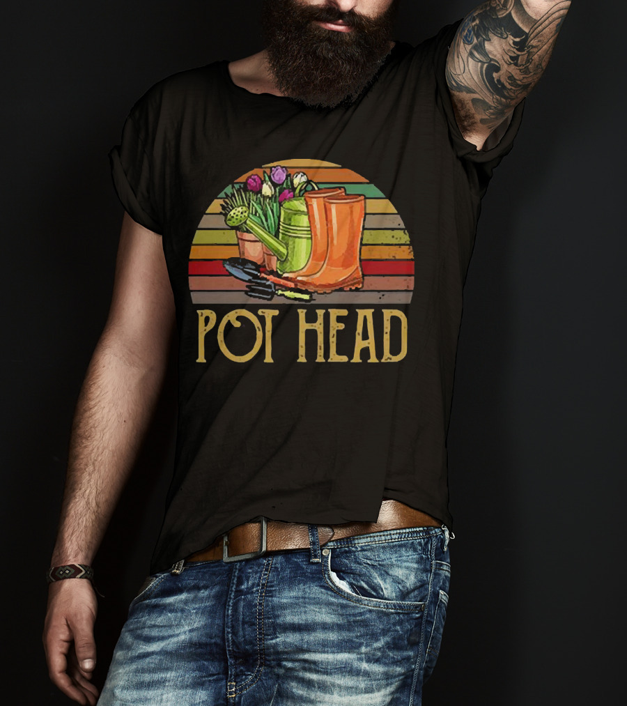 Pot Head Gardening Boots Watering Can Flowers Sunset Stripes T-Shirt