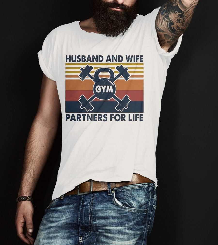 Husband And Wife Gym Partners For Life Kettlebell And Dumbbells Vintage Stripes T-Shirt