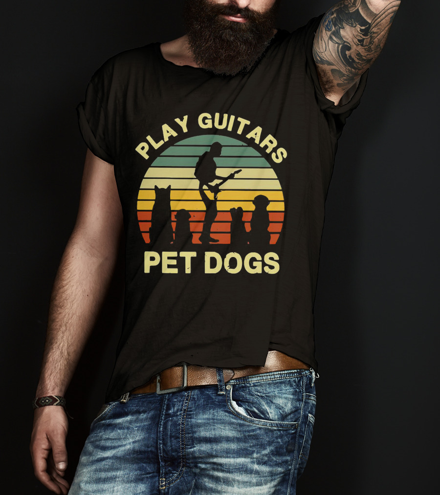 Play Guitars Pet Dogs Sunset Silhouette With Musician And Dogs T-Shirt