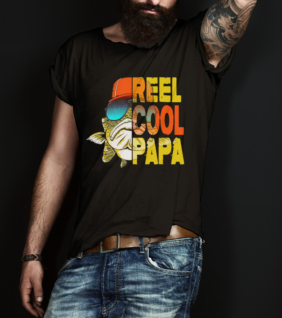 Fathers Day Fishing Reel Cool Papa Fish Wearing Hat Sunglasses T-Shirt