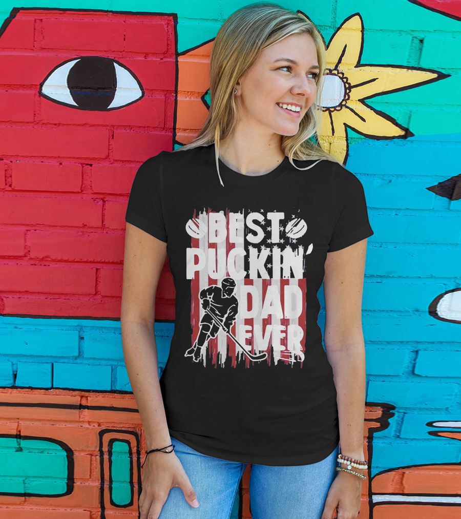 Best Puckin Dad Ever Hockey American Flag Player T-Shirt