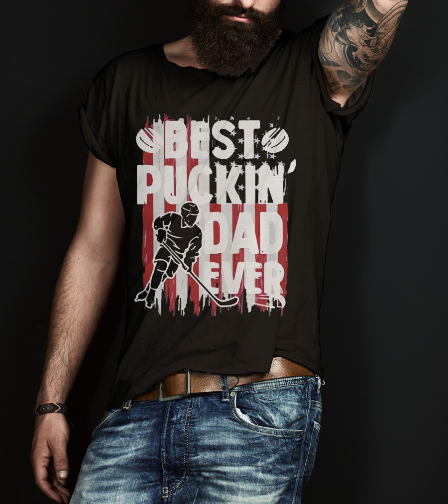 Best Puckin Dad Ever Hockey American Flag Player T-Shirt