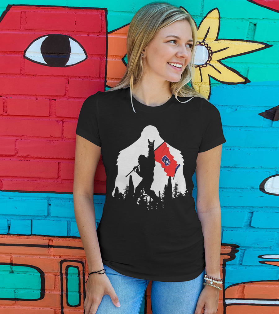 Bigfoot Silhouette With Rock And Roll Pose Holding Tennessee Flag In Forest T-Shirt