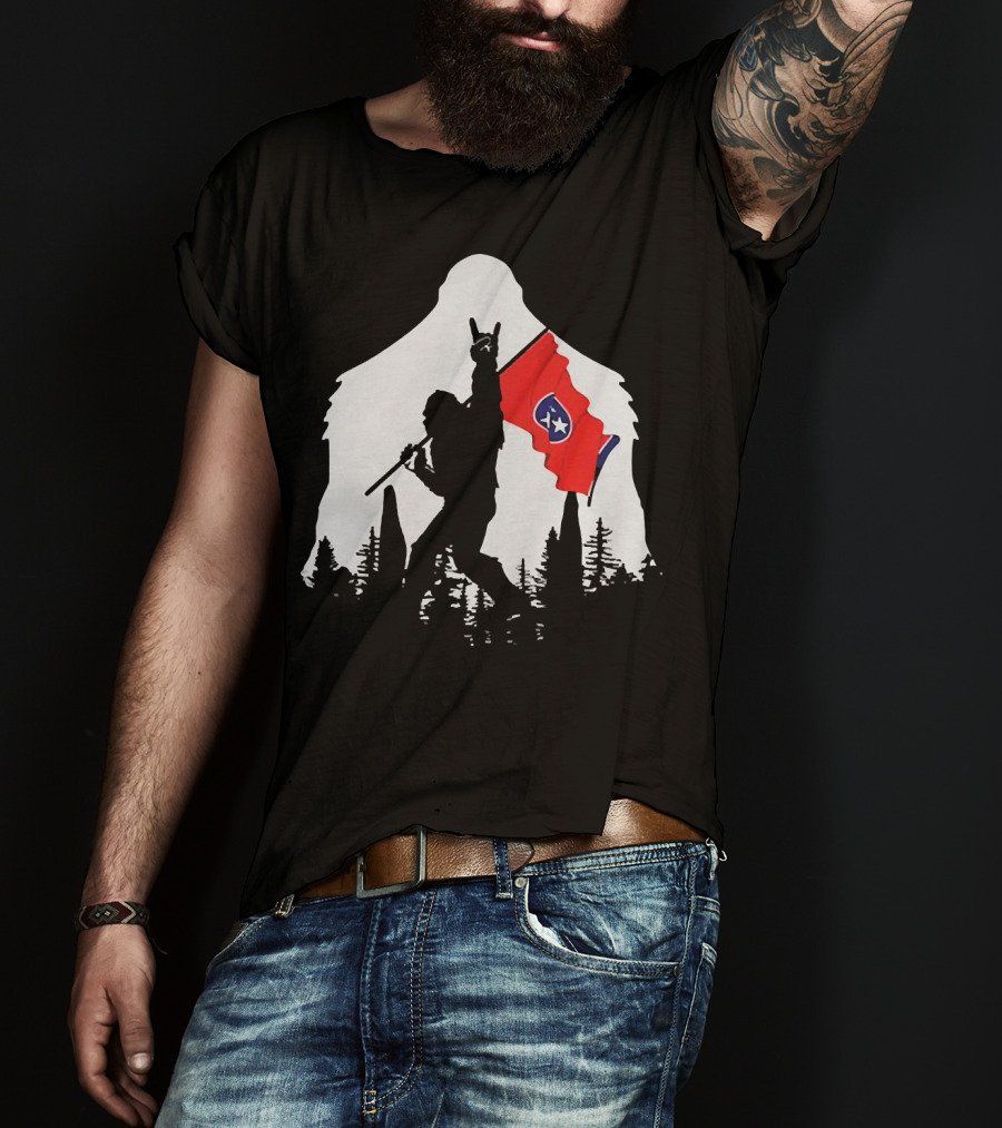 Bigfoot Silhouette With Rock And Roll Pose Holding Tennessee Flag In Forest T-Shirt