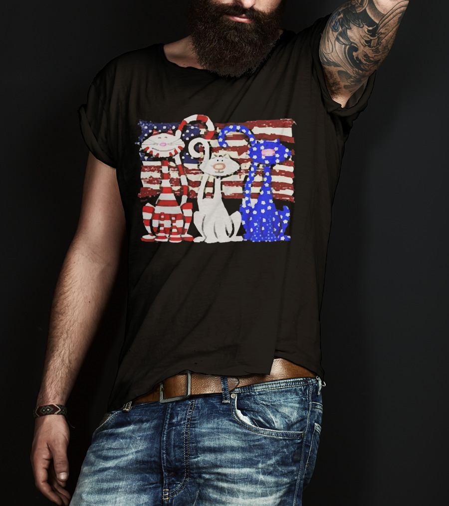 Cats With American Flag Stripes Stars Independence Day Veteran U.S T-Shirt
