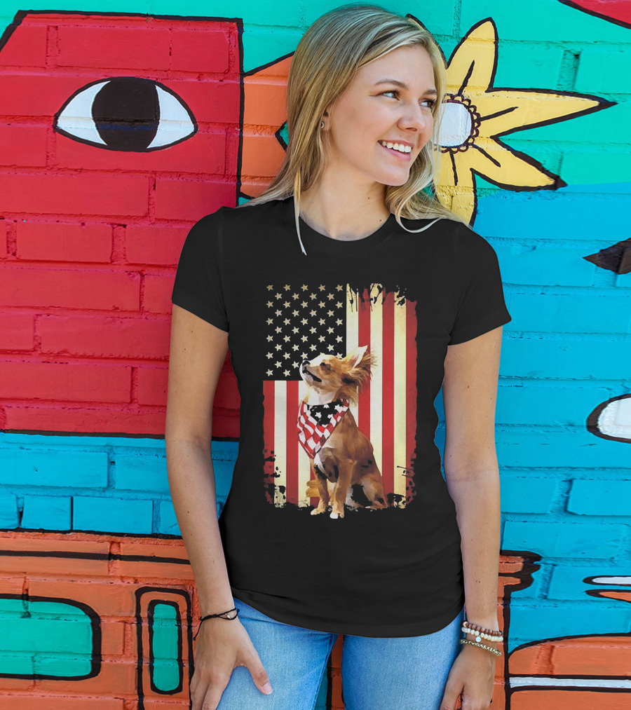 Patriotic Chihuahua With American Flag Background T-Shirt