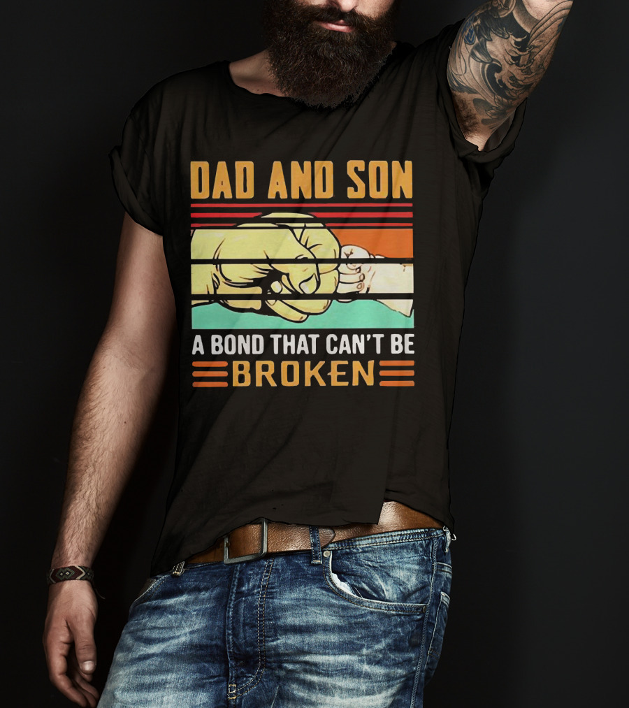 Dad And Son A Bond That Can't Be Broken Fist Bump Retro Stripes T-Shirt