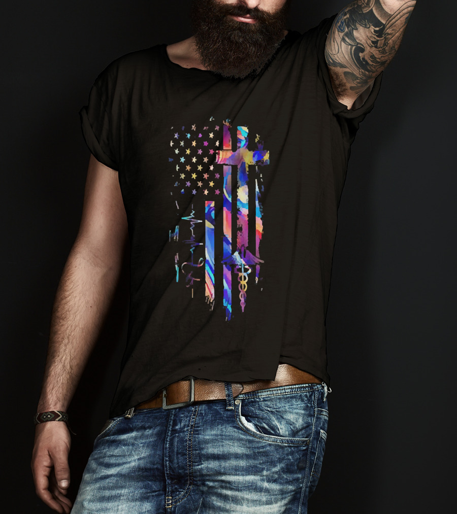 Stethoscope Heartbeat Nurse God Colorful Cross America Flag T-Shirt
