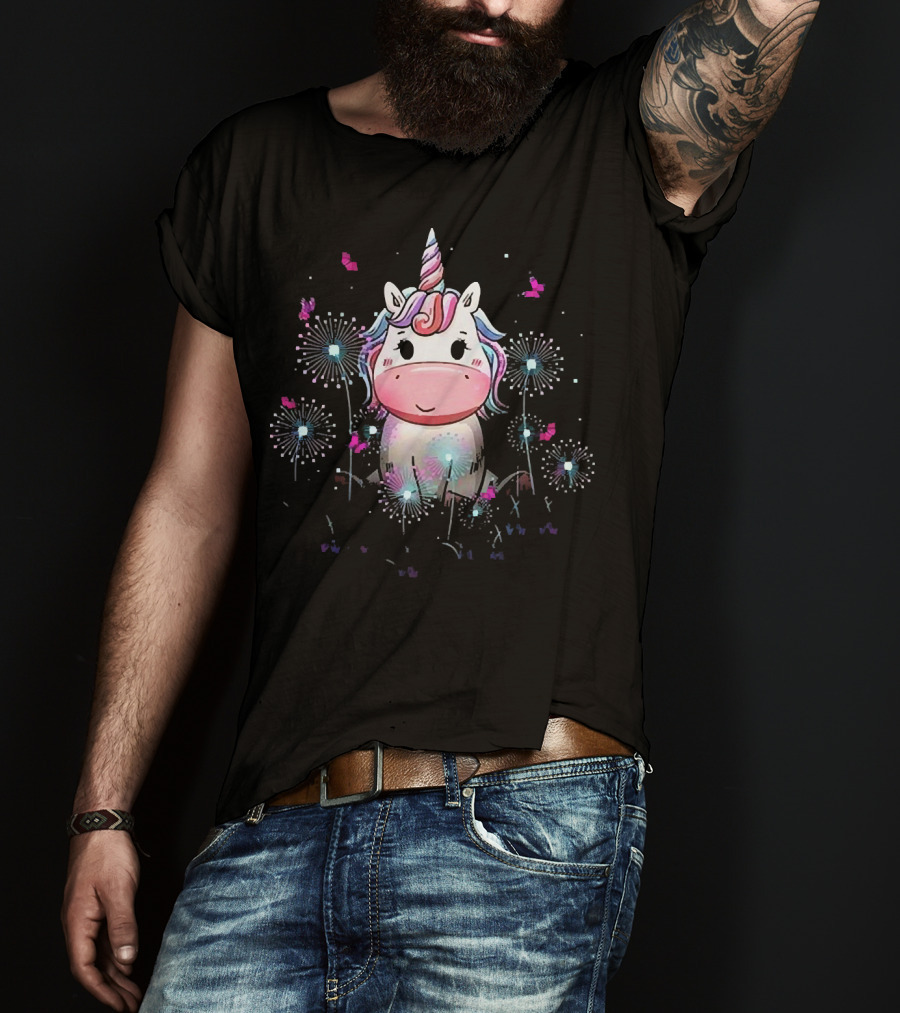 Baby Unicorn With Dandelion Flowers And Butterflies T-Shirt