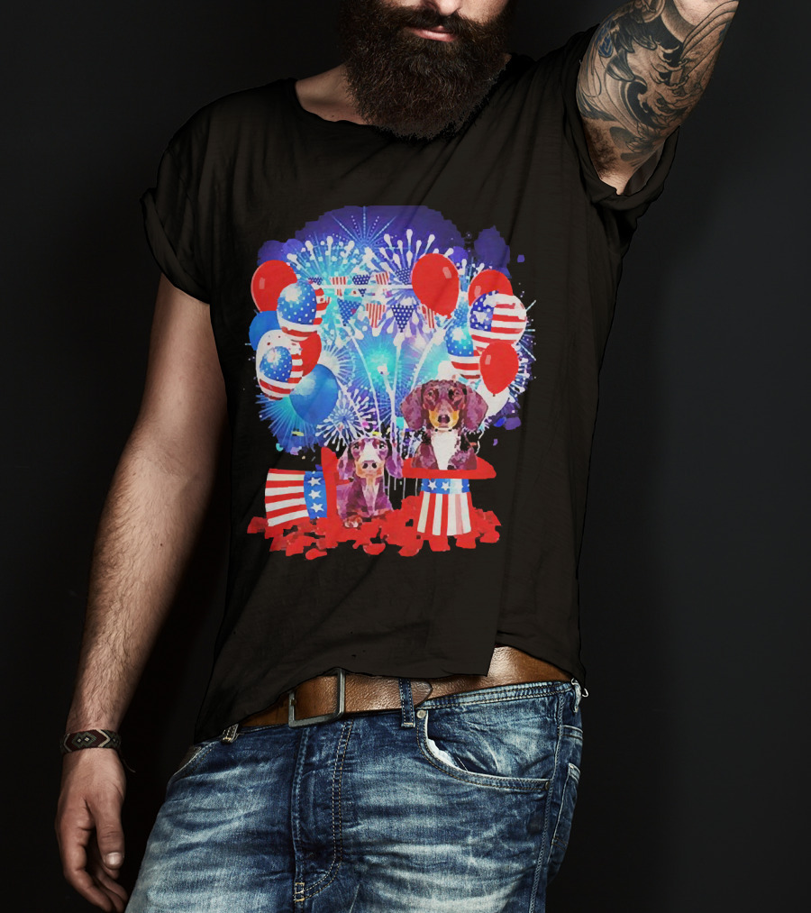 Dachshund American Flag Fireworks Balloons Independence Day T-Shirt