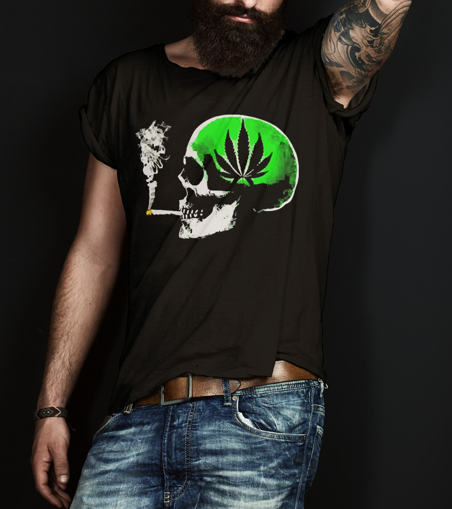 Weed Leaves Skull Smoking Joint Green Marijuana T-Shirt