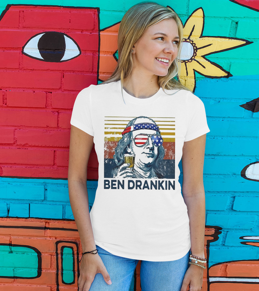 Ben Drankin Beer American Flag Sunglasses Patriotic Benjamin Franklin T-Shirt