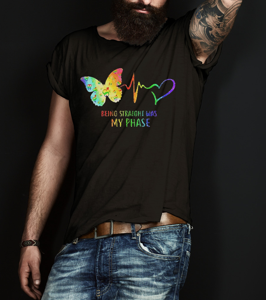 Being Straight Was My Phase Heartbeat Butterfly Rainbow T-Shirt