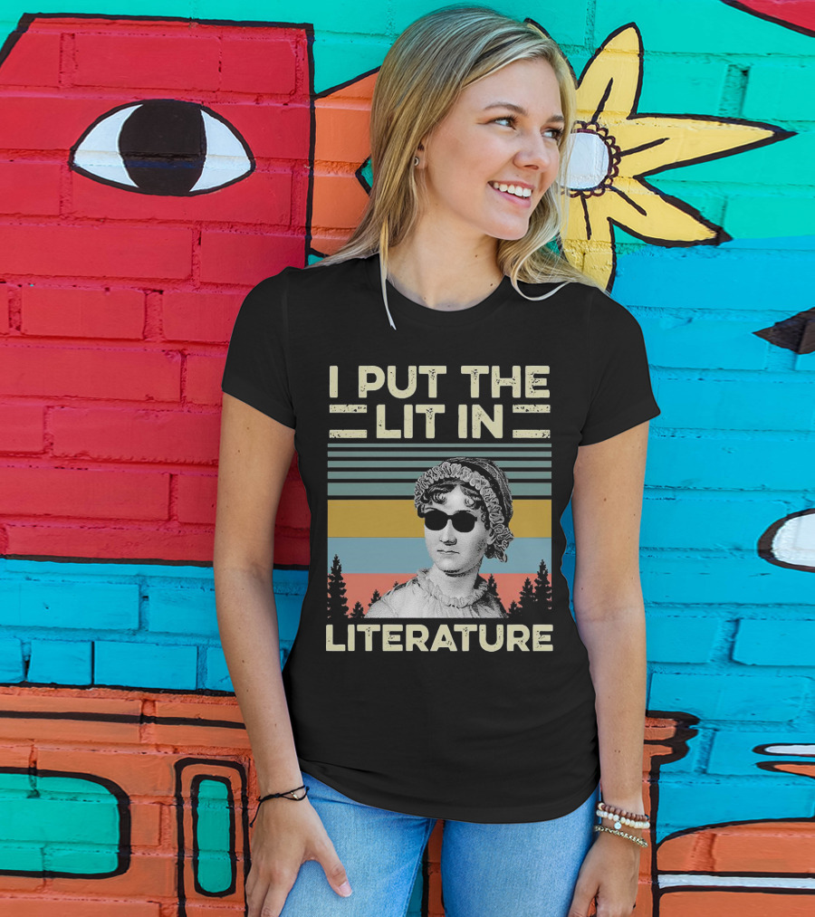 I Put The Lit In Literature Jane Austen Vintage Sunglasses Retro Forest Stripes T-Shirt