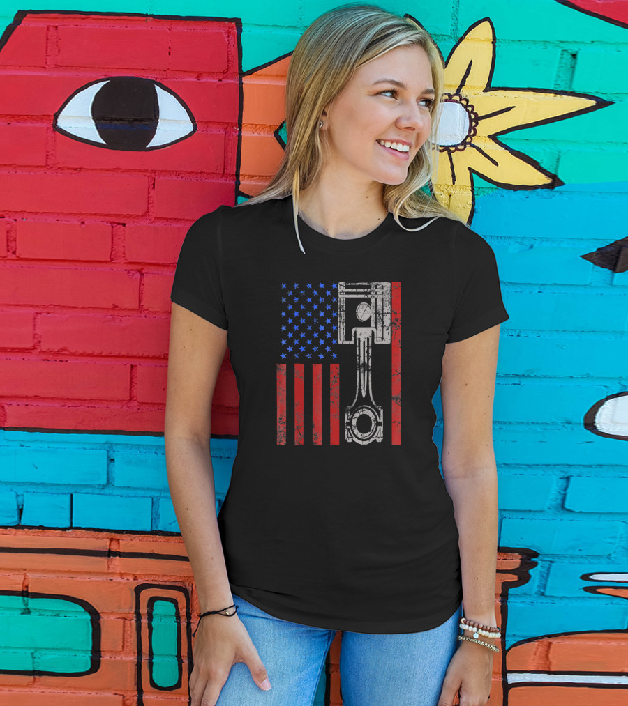 American Flag Muscle Car Piston Patriotic T-Shirt