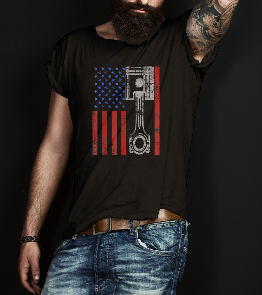 American Flag Muscle Car Piston Patriotic T-Shirt