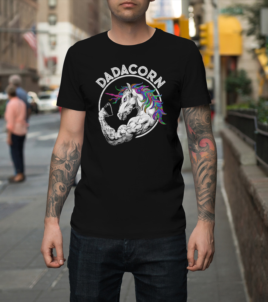 Dadacorn Muscle Unicorn Flexing Rainbow Mane T-Shirt