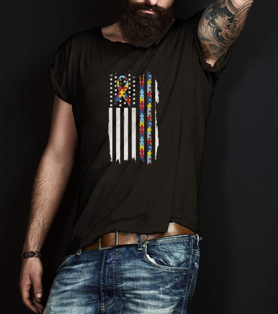Autism Awareness Month Autistic Pride Ribbon American Flag Puzzle Pieces T-Shirt