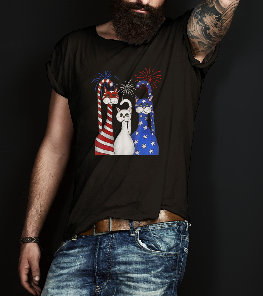 Patriotic Cats American Flag Paws USA Fireworks T-Shirt