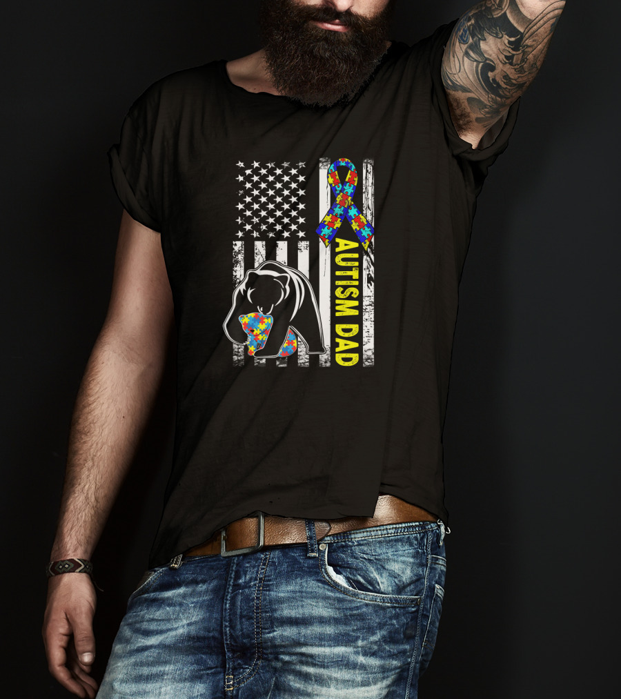 Autism Dad American Flag Bear Puzzle Ribbon Awareness T-Shirt